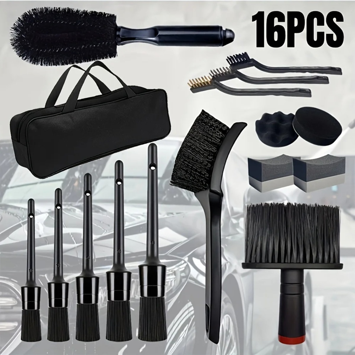 Interior Detailing Kit - 16-teiliges Autowaschbürsten-Set mit Aufbewahrungstasche, Radbürste, Reinigungsbürsten,